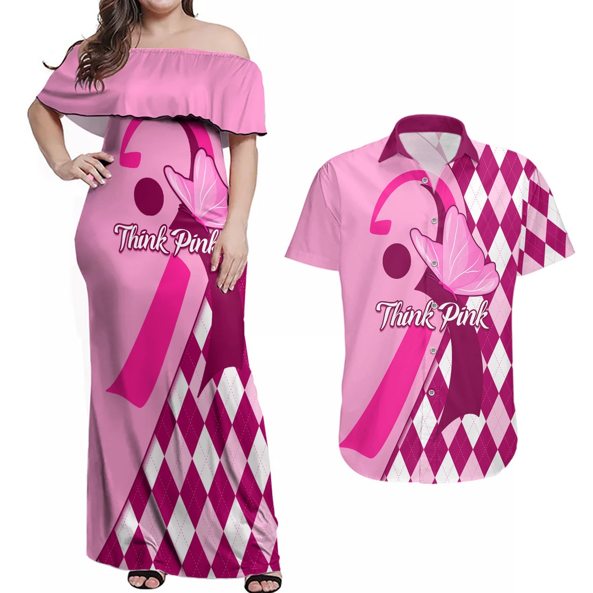 Personalised Think Pink Couples Matching Off Shoulder Maxi Dress and Hawaiian Shirt Golf Argyle Pattern Breast Cancer Awareness - Wonder Print Shop
