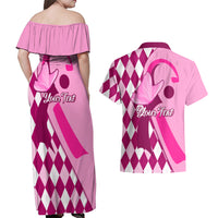Personalised Think Pink Couples Matching Off Shoulder Maxi Dress and Hawaiian Shirt Golf Argyle Pattern Breast Cancer Awareness - Wonder Print Shop