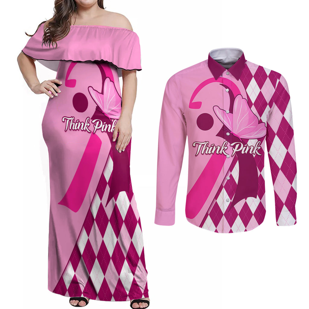 Personalised Think Pink Couples Matching Off Shoulder Maxi Dress and Long Sleeve Button Shirts Golf Argyle Pattern Breast Cancer Awareness - Wonder Print Shop