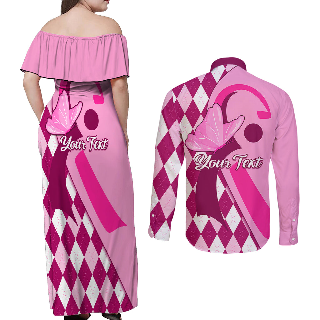 Personalised Think Pink Couples Matching Off Shoulder Maxi Dress and Long Sleeve Button Shirts Golf Argyle Pattern Breast Cancer Awareness - Wonder Print Shop