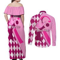 Personalised Think Pink Couples Matching Off Shoulder Maxi Dress and Long Sleeve Button Shirts Golf Argyle Pattern Breast Cancer Awareness - Wonder Print Shop