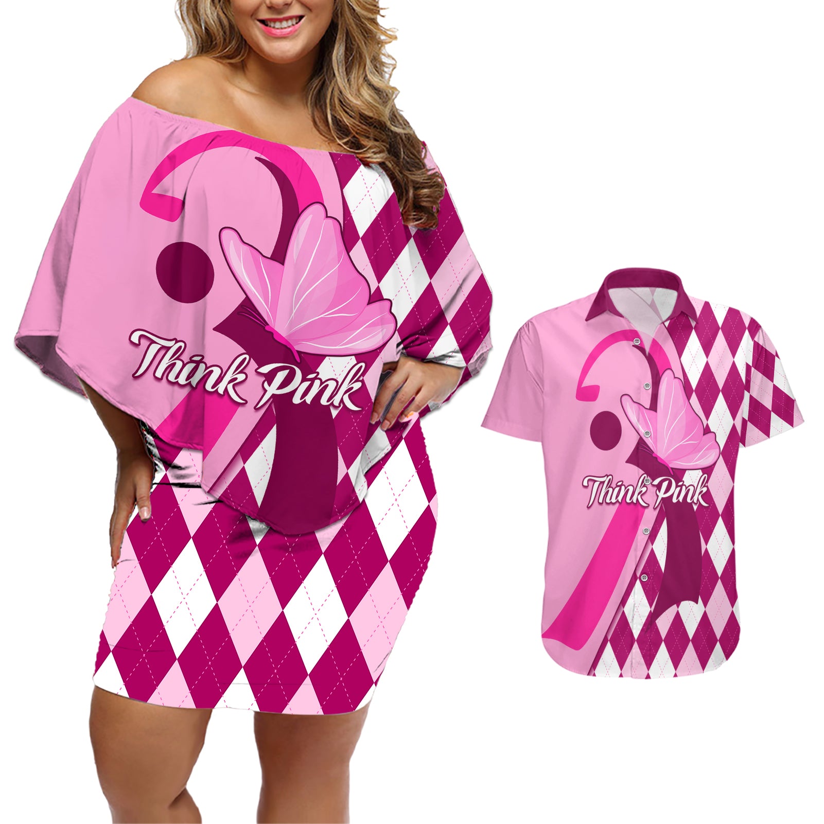 Personalised Think Pink Couples Matching Off Shoulder Short Dress and Hawaiian Shirt Golf Argyle Pattern Breast Cancer Awareness - Wonder Print Shop