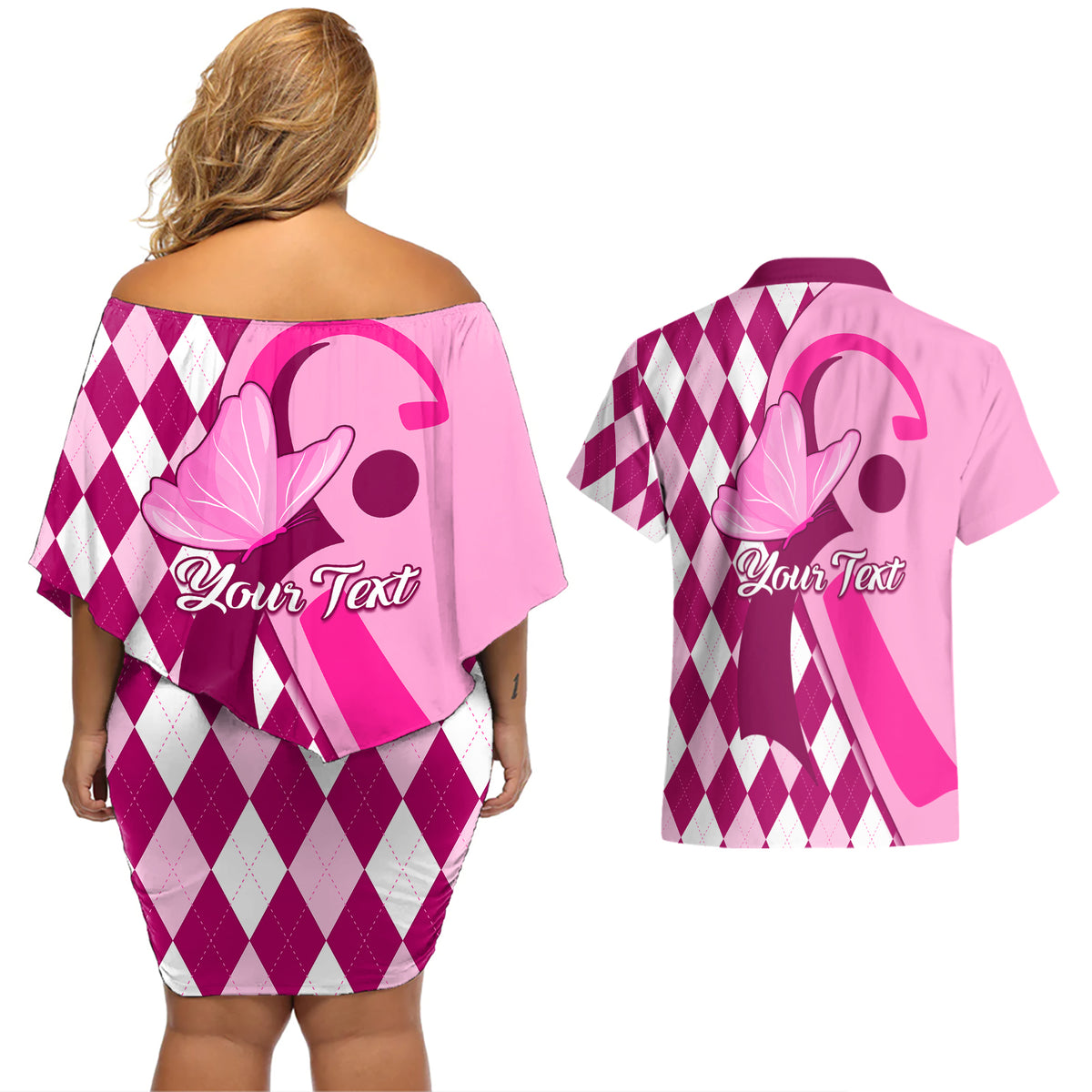 Personalised Think Pink Couples Matching Off Shoulder Short Dress and Hawaiian Shirt Golf Argyle Pattern Breast Cancer Awareness - Wonder Print Shop