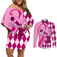 Personalised Think Pink Couples Matching Off Shoulder Short Dress and Long Sleeve Button Shirts Golf Argyle Pattern Breast Cancer Awareness - Wonder Print Shop