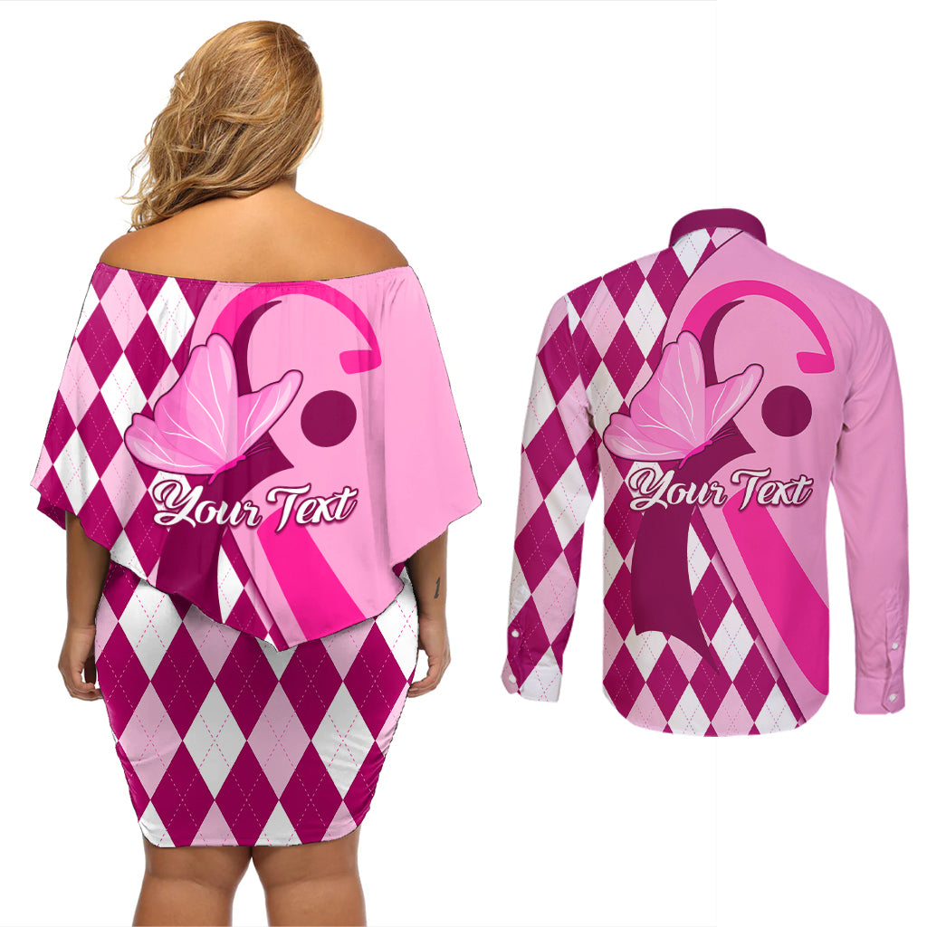 Personalised Think Pink Couples Matching Off Shoulder Short Dress and Long Sleeve Button Shirts Golf Argyle Pattern Breast Cancer Awareness - Wonder Print Shop