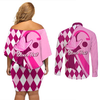 Personalised Think Pink Couples Matching Off Shoulder Short Dress and Long Sleeve Button Shirts Golf Argyle Pattern Breast Cancer Awareness - Wonder Print Shop