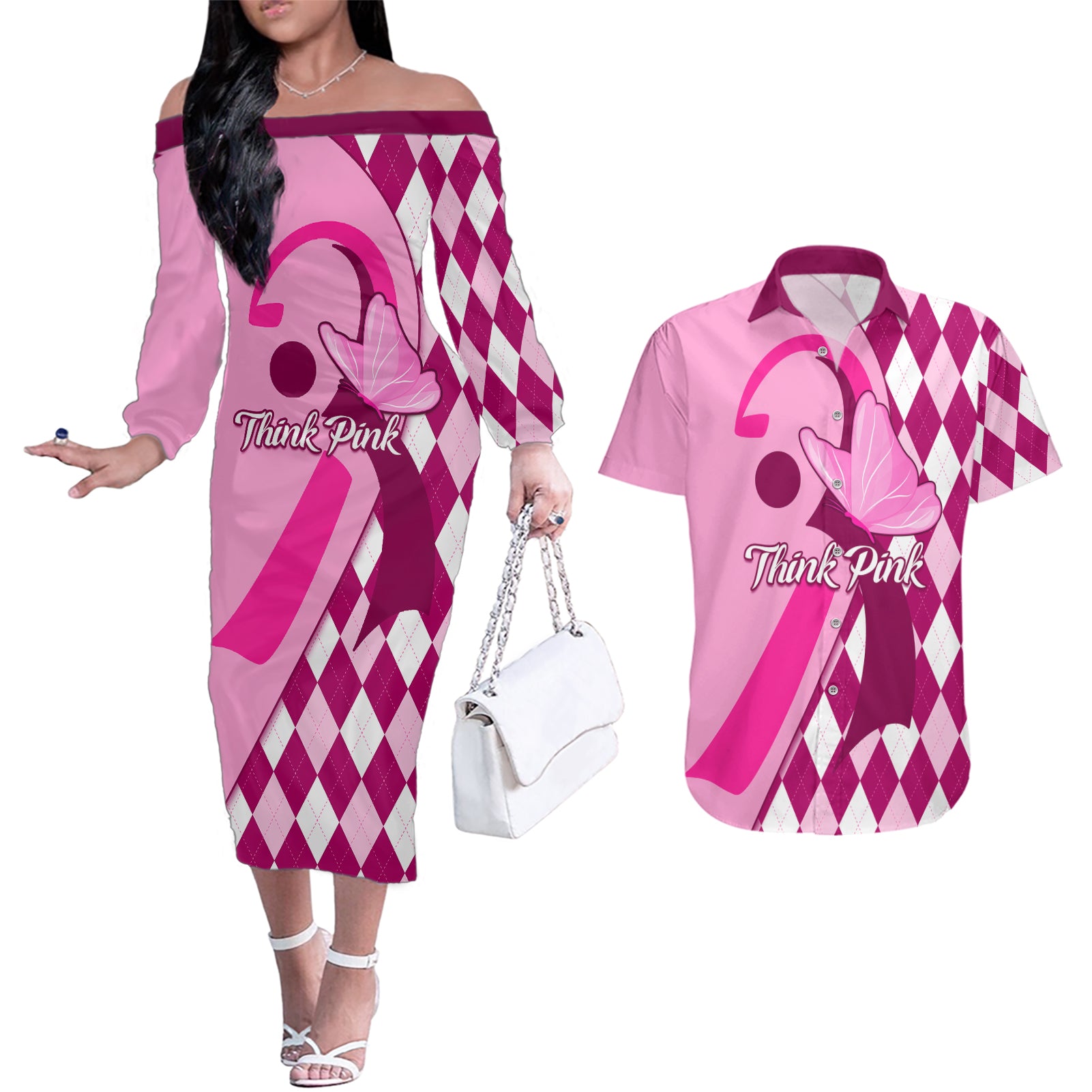 Personalised Think Pink Couples Matching Off The Shoulder Long Sleeve Dress and Hawaiian Shirt Golf Argyle Pattern Breast Cancer Awareness - Wonder Print Shop