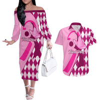 Personalised Think Pink Couples Matching Off The Shoulder Long Sleeve Dress and Hawaiian Shirt Golf Argyle Pattern Breast Cancer Awareness - Wonder Print Shop