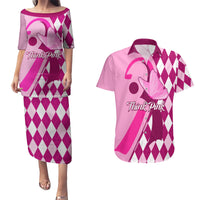 Personalised Think Pink Couples Matching Puletasi Dress and Hawaiian Shirt Golf Argyle Pattern Breast Cancer Awareness - Wonder Print Shop