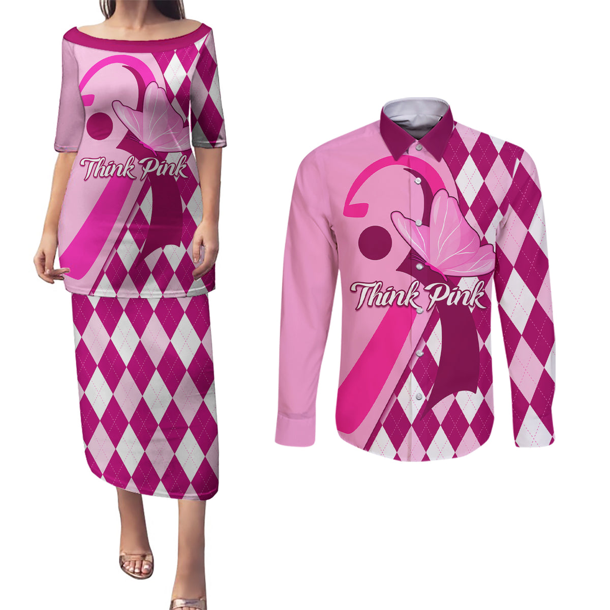 Personalised Think Pink Couples Matching Puletasi Dress and Long Sleeve Button Shirts Golf Argyle Pattern Breast Cancer Awareness - Wonder Print Shop