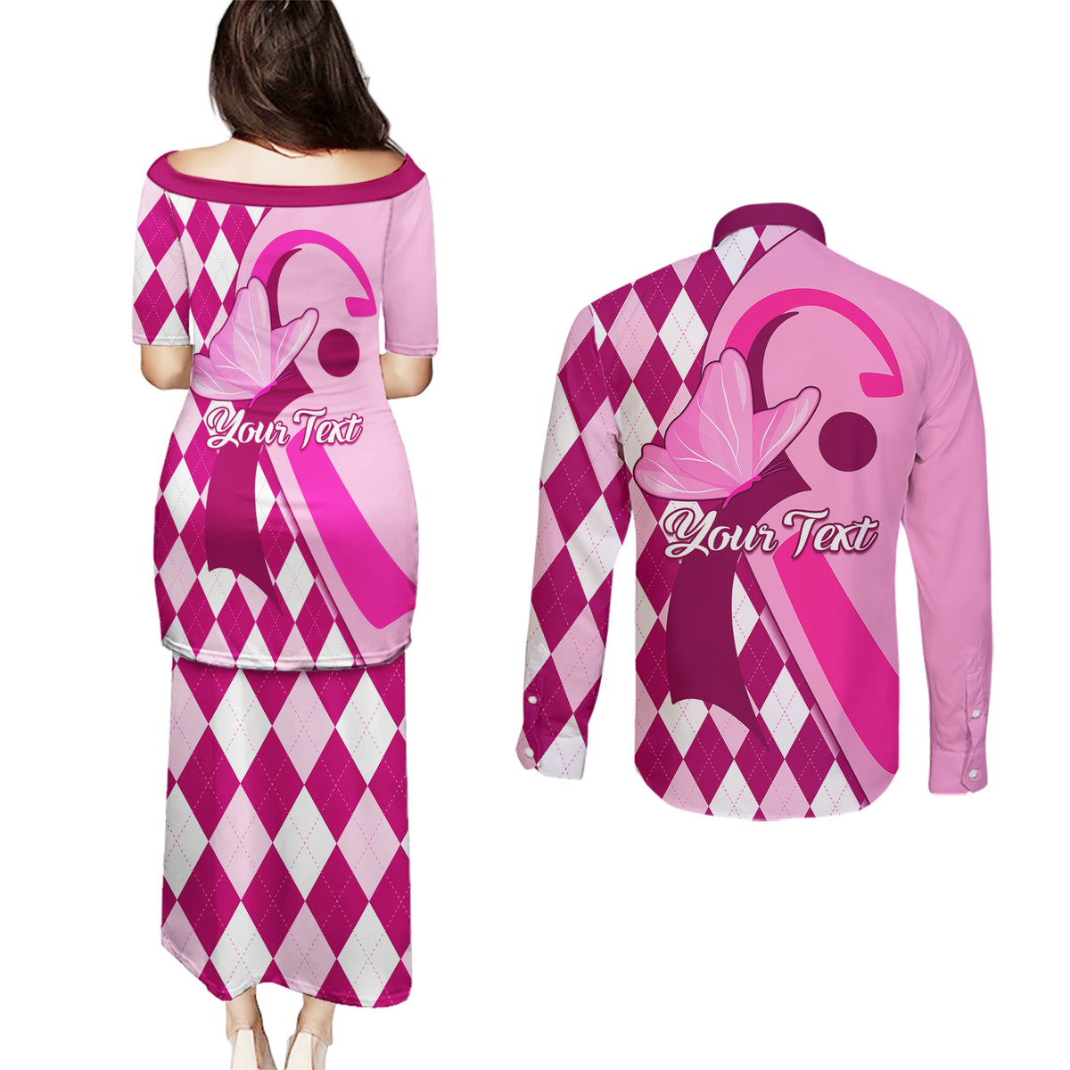 Personalised Think Pink Couples Matching Puletasi Dress and Long Sleeve Button Shirts Golf Argyle Pattern Breast Cancer Awareness - Wonder Print Shop