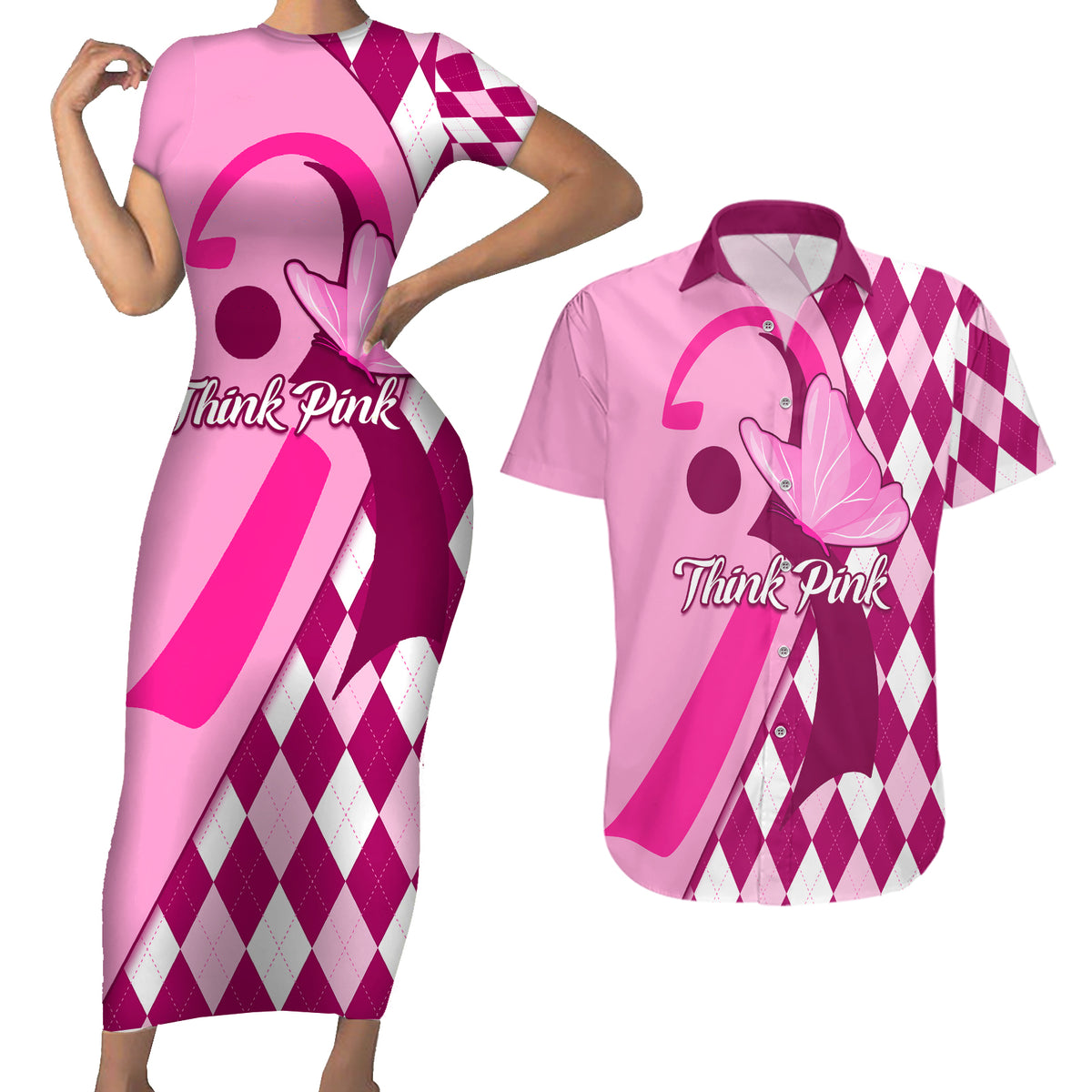 Personalised Think Pink Couples Matching Short Sleeve Bodycon Dress and Hawaiian Shirt Golf Argyle Pattern Breast Cancer Awareness - Wonder Print Shop