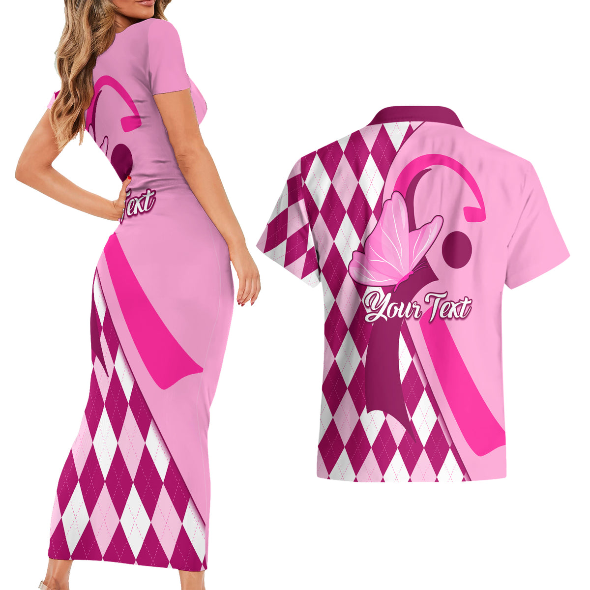 Personalised Think Pink Couples Matching Short Sleeve Bodycon Dress and Hawaiian Shirt Golf Argyle Pattern Breast Cancer Awareness - Wonder Print Shop