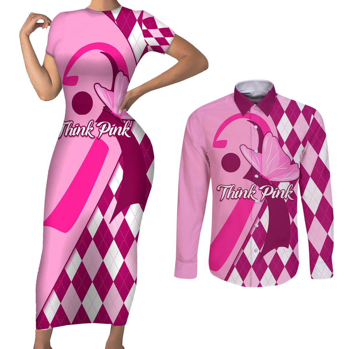 Personalised Think Pink Couples Matching Short Sleeve Bodycon Dress and Long Sleeve Button Shirts Golf Argyle Pattern Breast Cancer Awareness - Wonder Print Shop