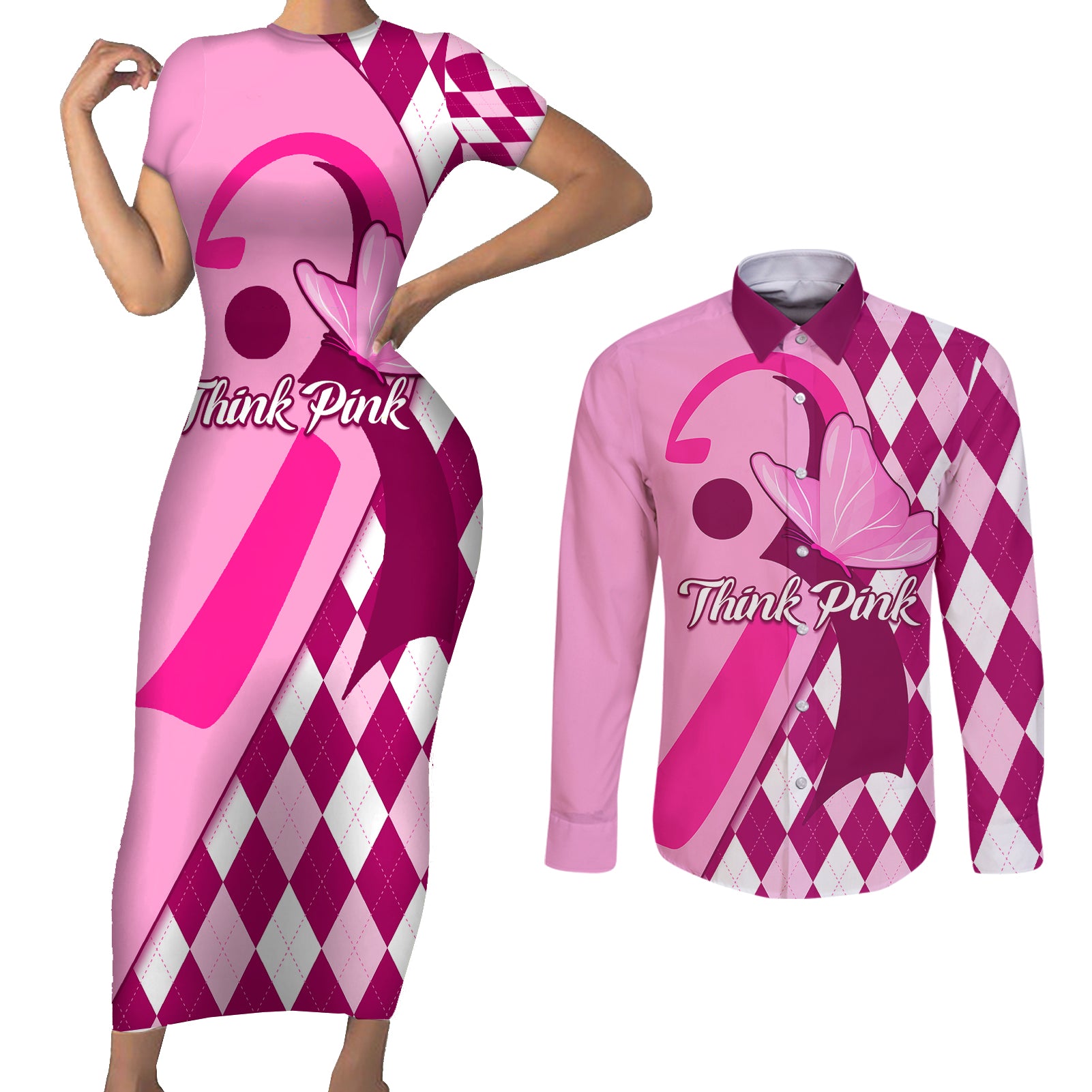 Personalised Think Pink Couples Matching Short Sleeve Bodycon Dress and Long Sleeve Button Shirts Golf Argyle Pattern Breast Cancer Awareness - Wonder Print Shop