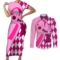 Personalised Think Pink Couples Matching Short Sleeve Bodycon Dress and Long Sleeve Button Shirts Golf Argyle Pattern Breast Cancer Awareness - Wonder Print Shop