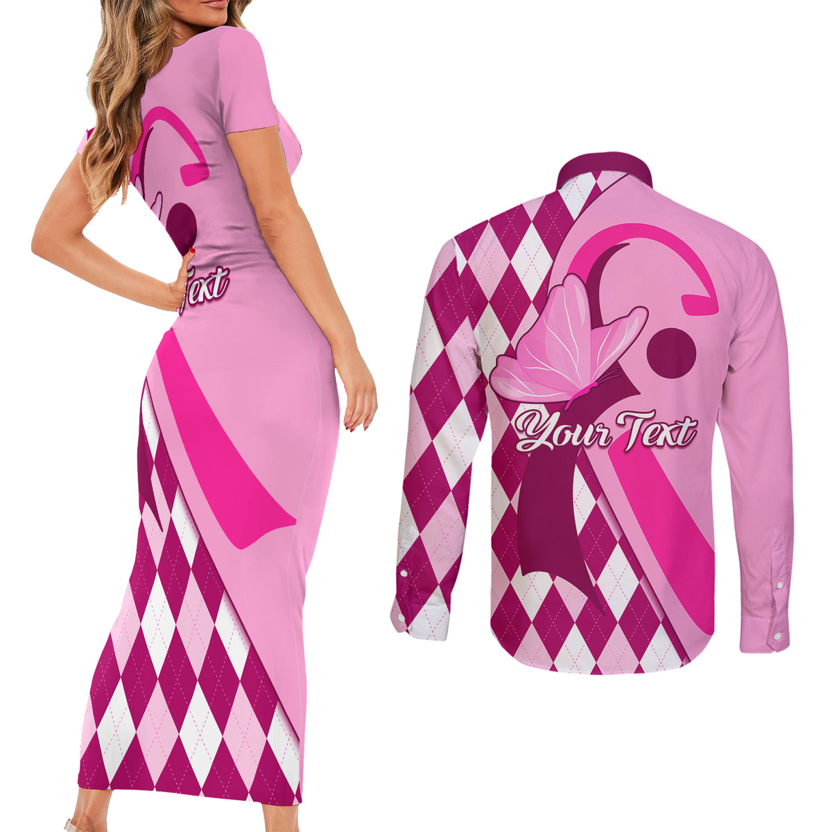 Personalised Think Pink Couples Matching Short Sleeve Bodycon Dress and Long Sleeve Button Shirts Golf Argyle Pattern Breast Cancer Awareness - Wonder Print Shop