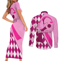 Personalised Think Pink Couples Matching Short Sleeve Bodycon Dress and Long Sleeve Button Shirts Golf Argyle Pattern Breast Cancer Awareness - Wonder Print Shop