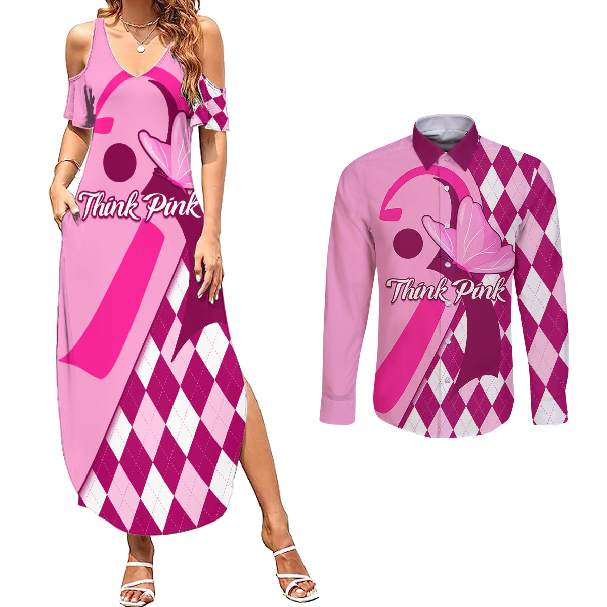 Personalised Think Pink Couples Matching Summer Maxi Dress and Long Sleeve Button Shirts Golf Argyle Pattern Breast Cancer Awareness - Wonder Print Shop
