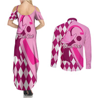 Personalised Think Pink Couples Matching Summer Maxi Dress and Long Sleeve Button Shirts Golf Argyle Pattern Breast Cancer Awareness - Wonder Print Shop