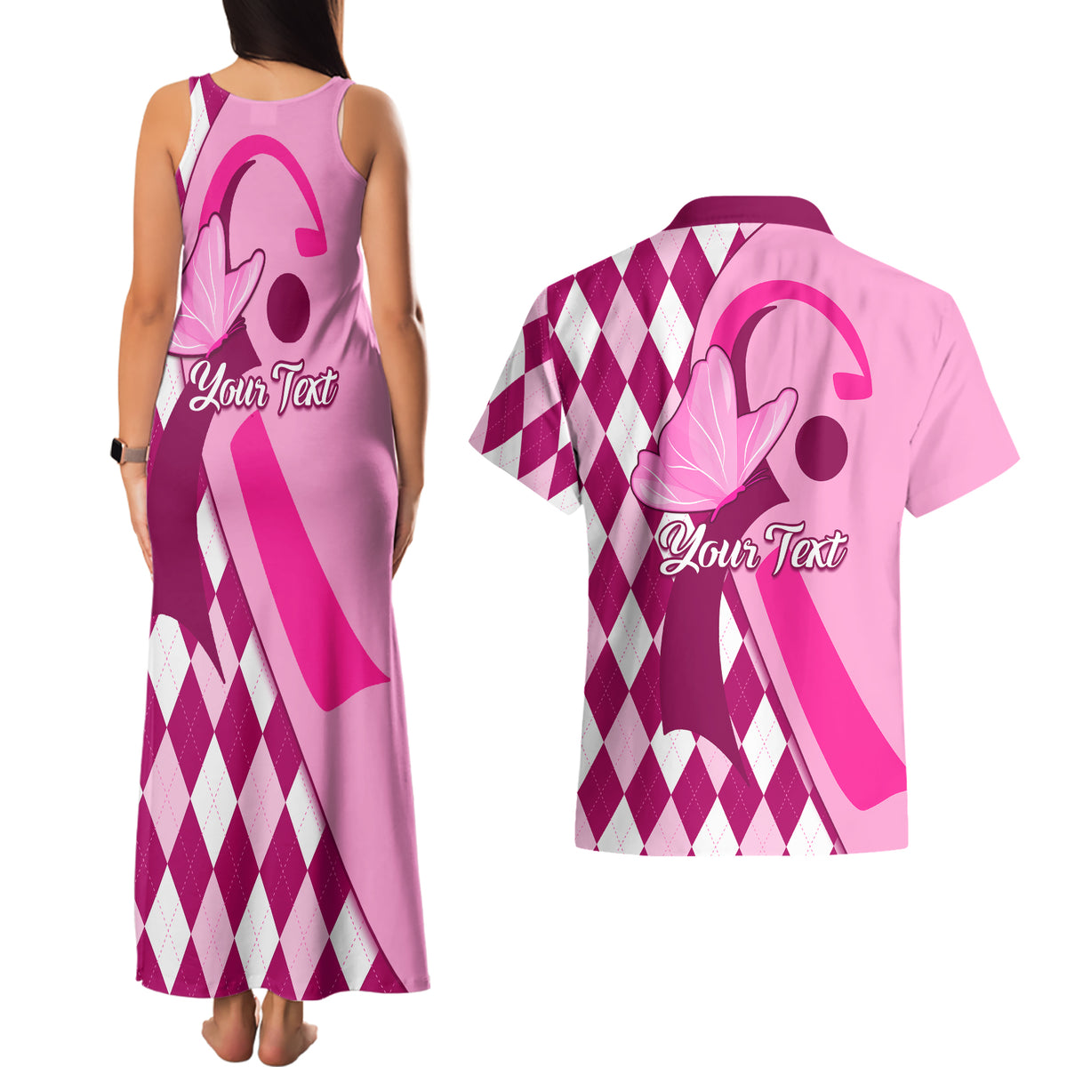 Personalised Think Pink Couples Matching Tank Maxi Dress and Hawaiian Shirt Golf Argyle Pattern Breast Cancer Awareness - Wonder Print Shop