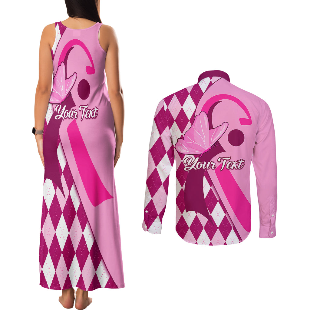 Personalised Think Pink Couples Matching Tank Maxi Dress and Long Sleeve Button Shirts Golf Argyle Pattern Breast Cancer Awareness - Wonder Print Shop