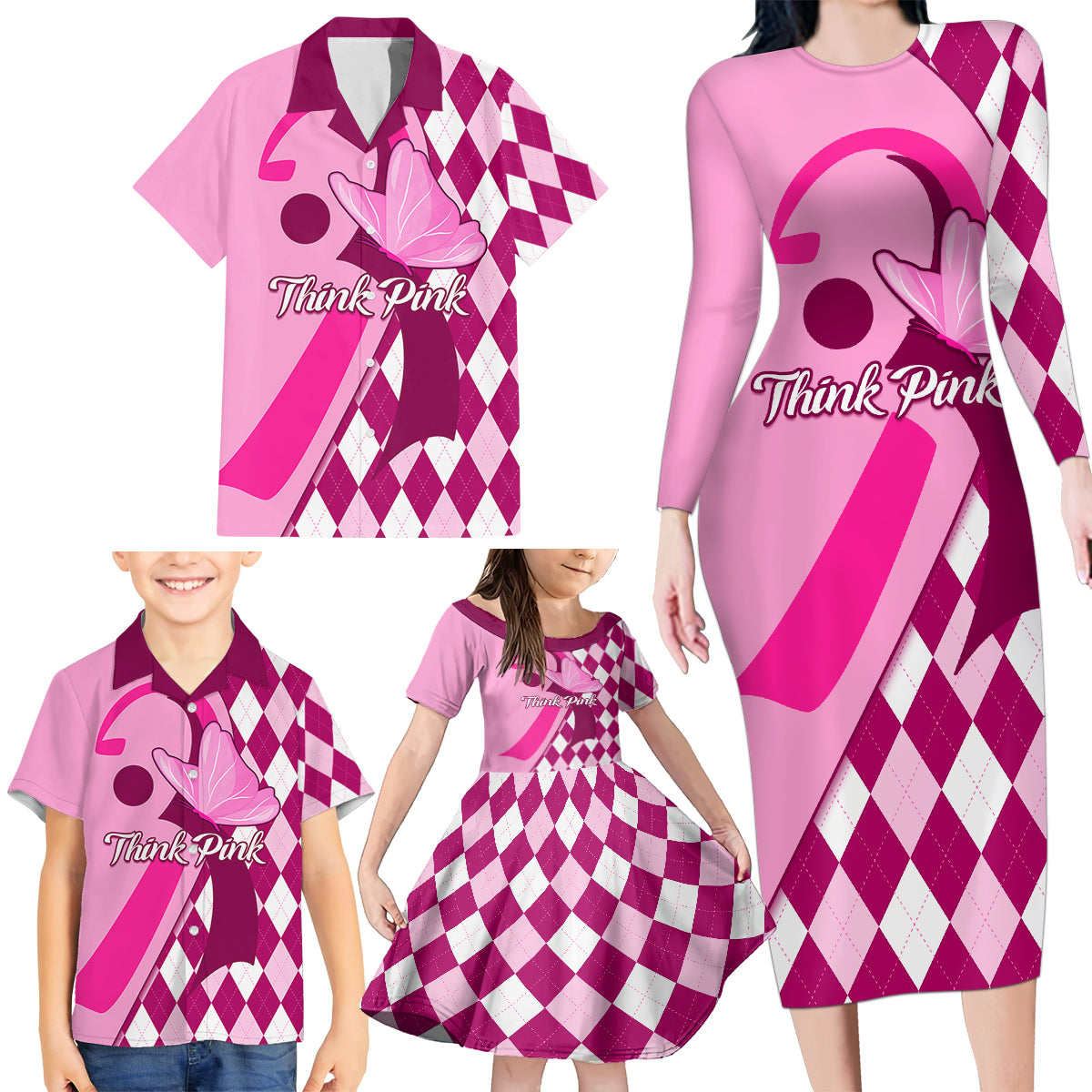 Personalised Think Pink Family Matching Long Sleeve Bodycon Dress and Hawaiian Shirt Golf Argyle Pattern Breast Cancer Awareness - Wonder Print Shop
