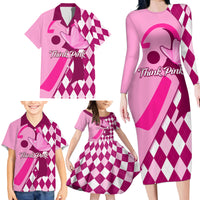 Personalised Think Pink Family Matching Long Sleeve Bodycon Dress and Hawaiian Shirt Golf Argyle Pattern Breast Cancer Awareness - Wonder Print Shop