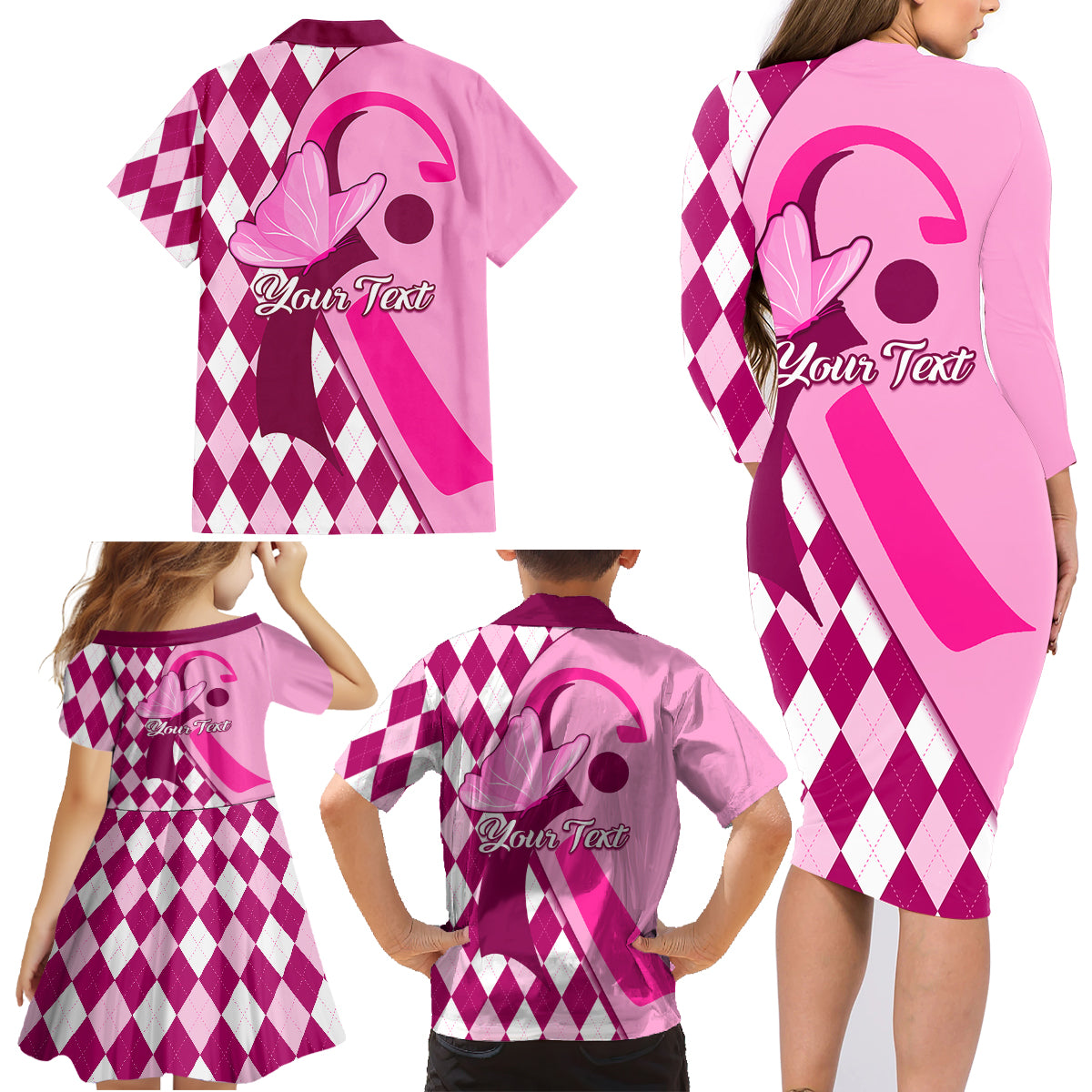 Personalised Think Pink Family Matching Long Sleeve Bodycon Dress and Hawaiian Shirt Golf Argyle Pattern Breast Cancer Awareness - Wonder Print Shop