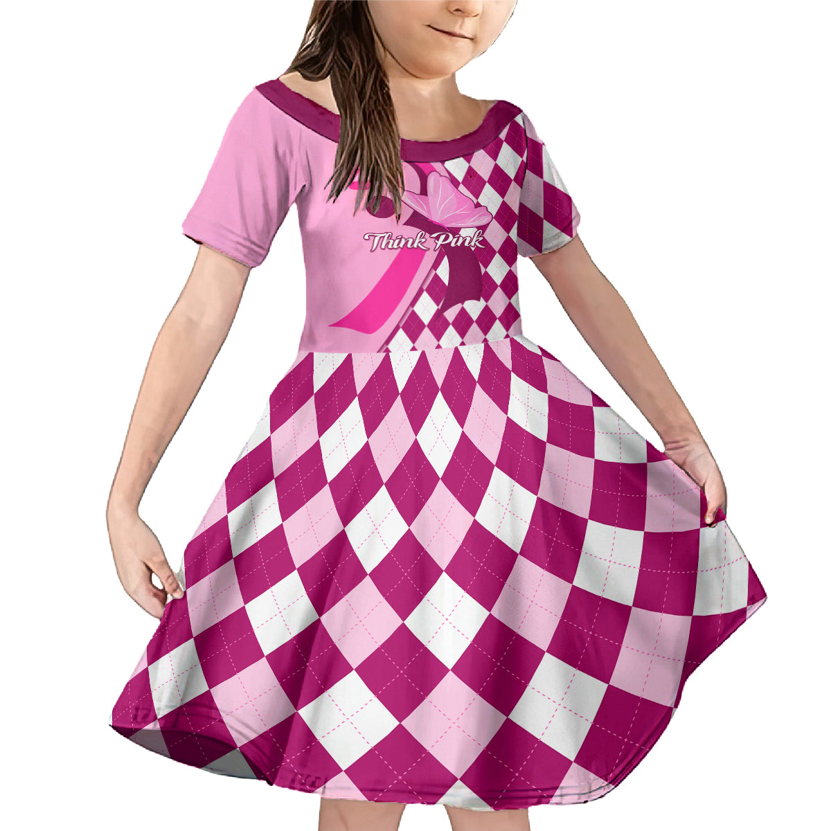 Personalised Think Pink Family Matching Mermaid Dress and Hawaiian Shirt Golf Argyle Pattern Breast Cancer Awareness - Wonder Print Shop