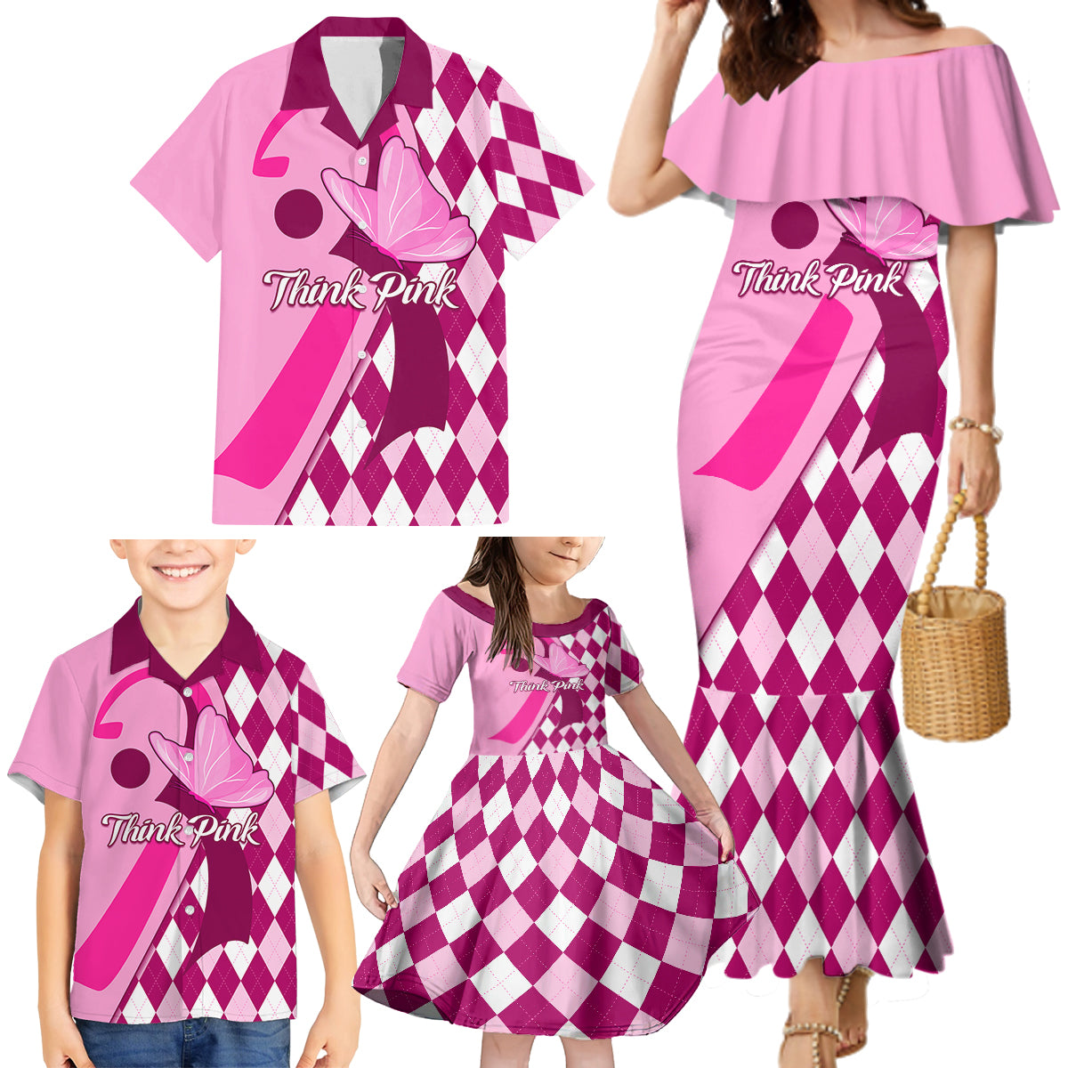 Personalised Think Pink Family Matching Mermaid Dress and Hawaiian Shirt Golf Argyle Pattern Breast Cancer Awareness - Wonder Print Shop