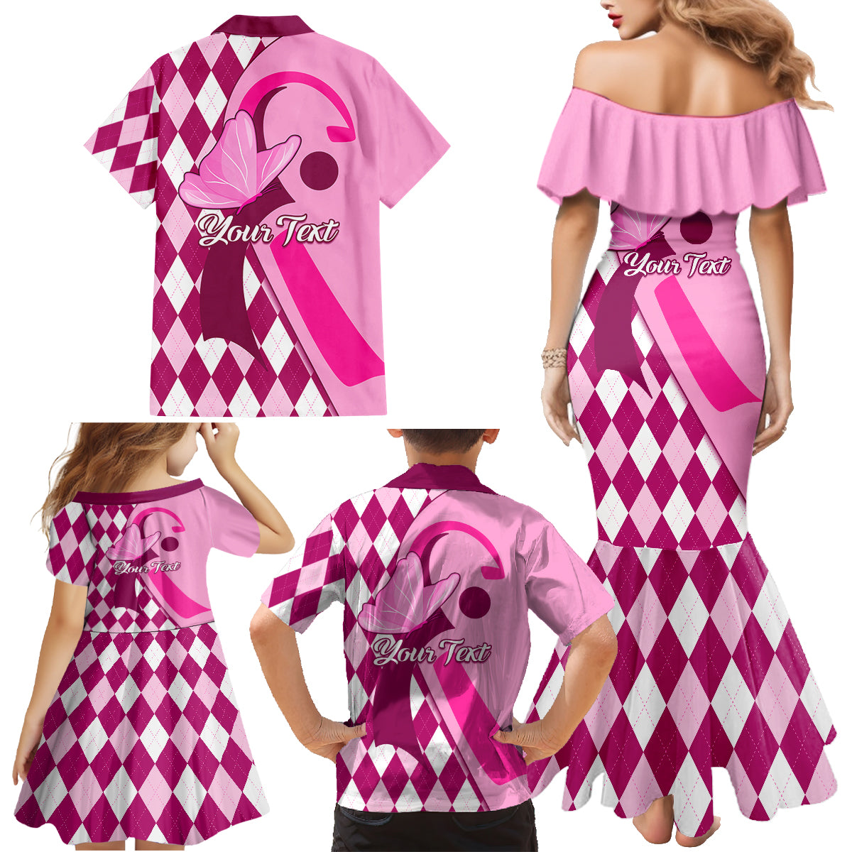 Personalised Think Pink Family Matching Mermaid Dress and Hawaiian Shirt Golf Argyle Pattern Breast Cancer Awareness - Wonder Print Shop