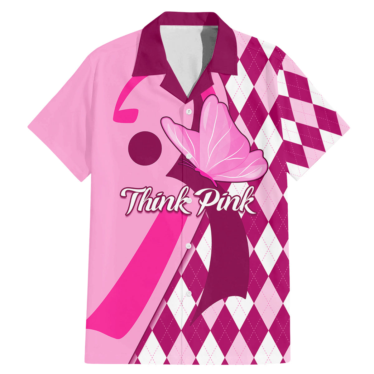 Personalised Think Pink Family Matching Mermaid Dress and Hawaiian Shirt Golf Argyle Pattern Breast Cancer Awareness - Wonder Print Shop