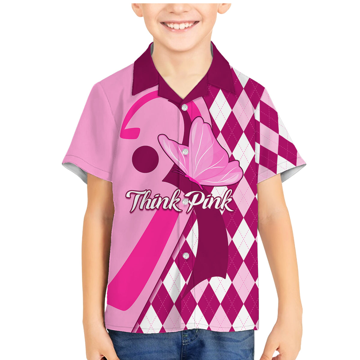 Personalised Think Pink Family Matching Mermaid Dress and Hawaiian Shirt Golf Argyle Pattern Breast Cancer Awareness - Wonder Print Shop