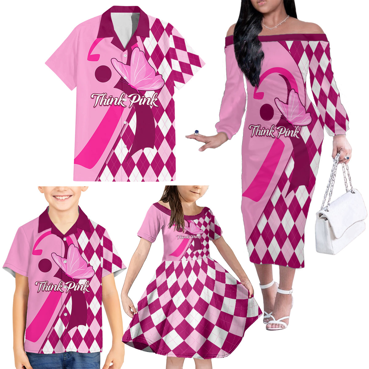 Personalised Think Pink Family Matching Off Shoulder Long Sleeve Dress and Hawaiian Shirt Golf Argyle Pattern Breast Cancer Awareness - Wonder Print Shop