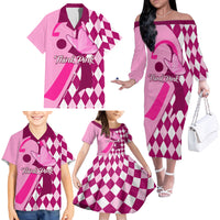 Personalised Think Pink Family Matching Off Shoulder Long Sleeve Dress and Hawaiian Shirt Golf Argyle Pattern Breast Cancer Awareness - Wonder Print Shop
