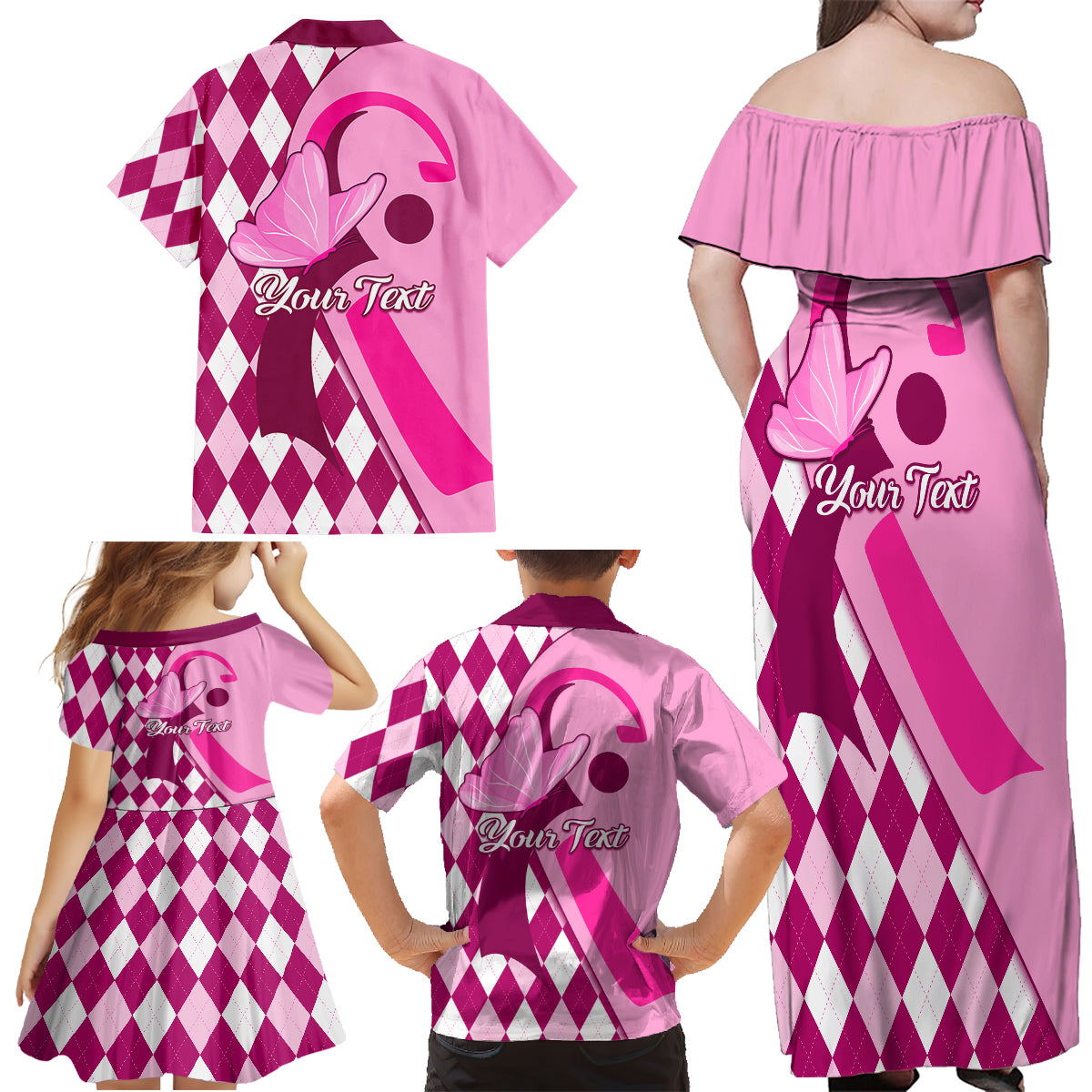 Personalised Think Pink Family Matching Off Shoulder Long Sleeve Dress and Hawaiian Shirt Golf Argyle Pattern Breast Cancer Awareness - Wonder Print Shop