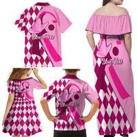 Personalised Think Pink Family Matching Off Shoulder Long Sleeve Dress and Hawaiian Shirt Golf Argyle Pattern Breast Cancer Awareness - Wonder Print Shop