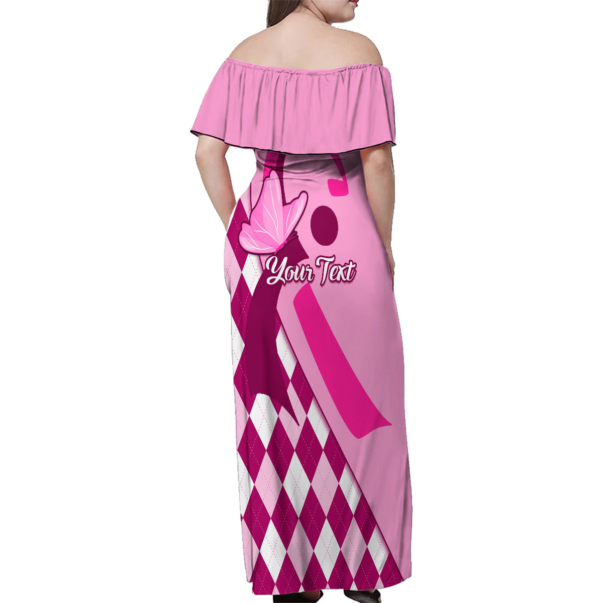 Personalised Think Pink Family Matching Off Shoulder Maxi Dress and Hawaiian Shirt Golf Argyle Pattern Breast Cancer Awareness - Wonder Print Shop