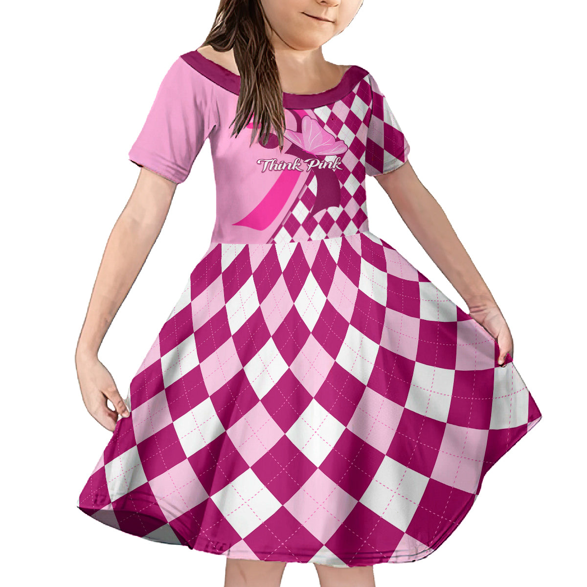 Personalised Think Pink Family Matching Off Shoulder Short Dress and Hawaiian Shirt Golf Argyle Pattern Breast Cancer Awareness - Wonder Print Shop