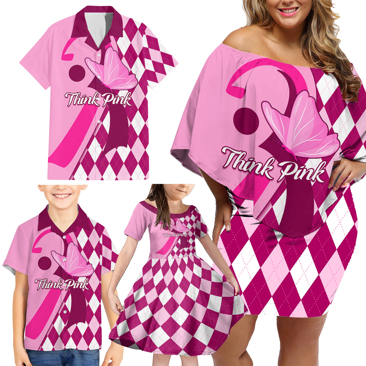 Personalised Think Pink Family Matching Off Shoulder Short Dress and Hawaiian Shirt Golf Argyle Pattern Breast Cancer Awareness - Wonder Print Shop