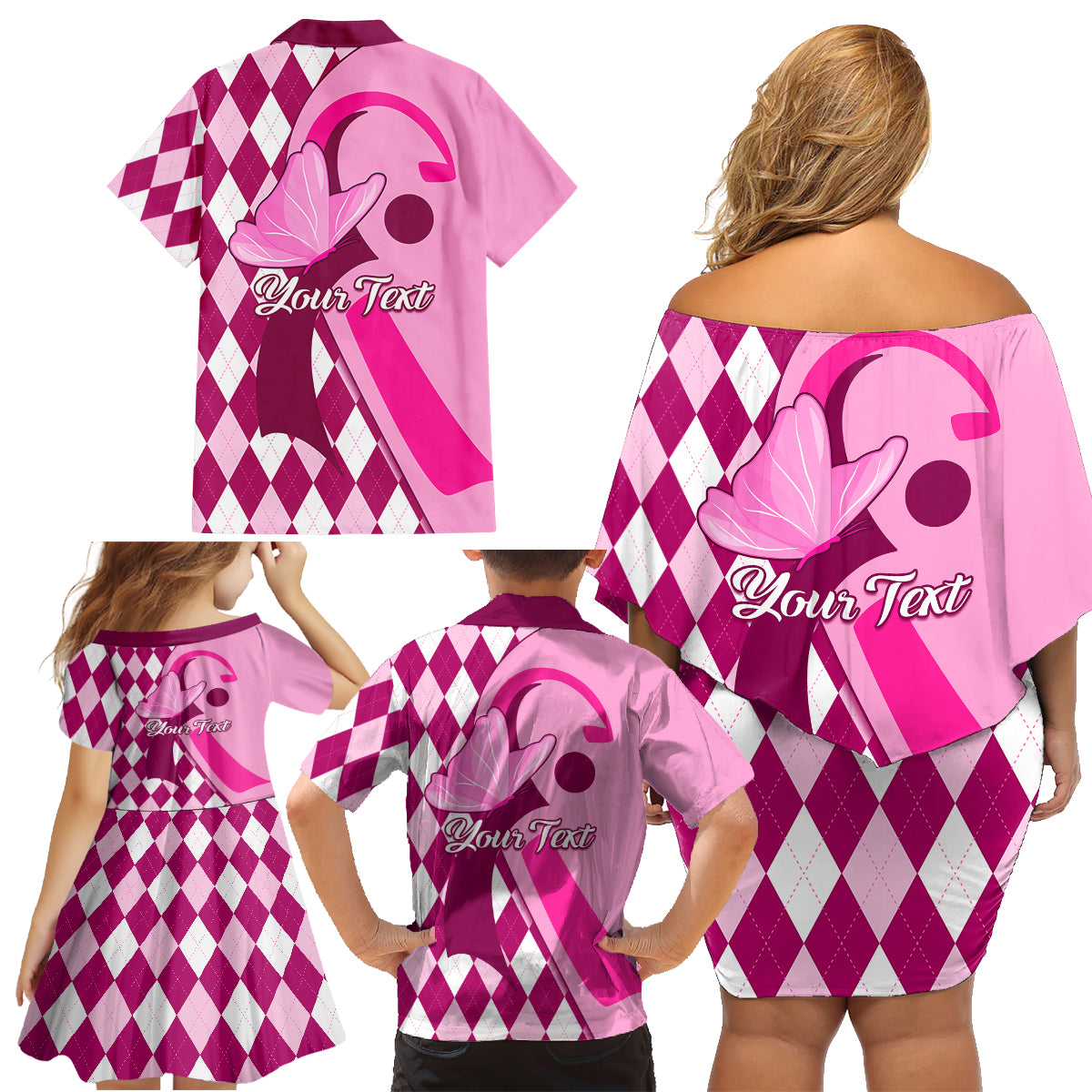 Personalised Think Pink Family Matching Off Shoulder Short Dress and Hawaiian Shirt Golf Argyle Pattern Breast Cancer Awareness - Wonder Print Shop