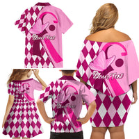 Personalised Think Pink Family Matching Off Shoulder Short Dress and Hawaiian Shirt Golf Argyle Pattern Breast Cancer Awareness - Wonder Print Shop