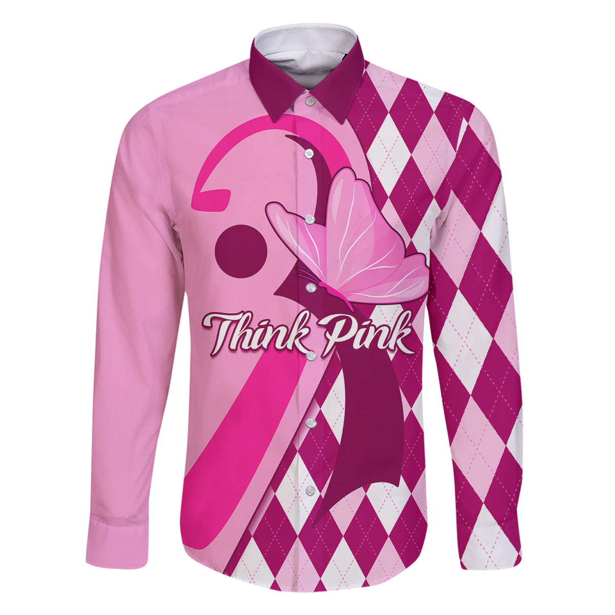 Personalised Think Pink Family Matching Off Shoulder Short Dress and Hawaiian Shirt Golf Argyle Pattern Breast Cancer Awareness - Wonder Print Shop