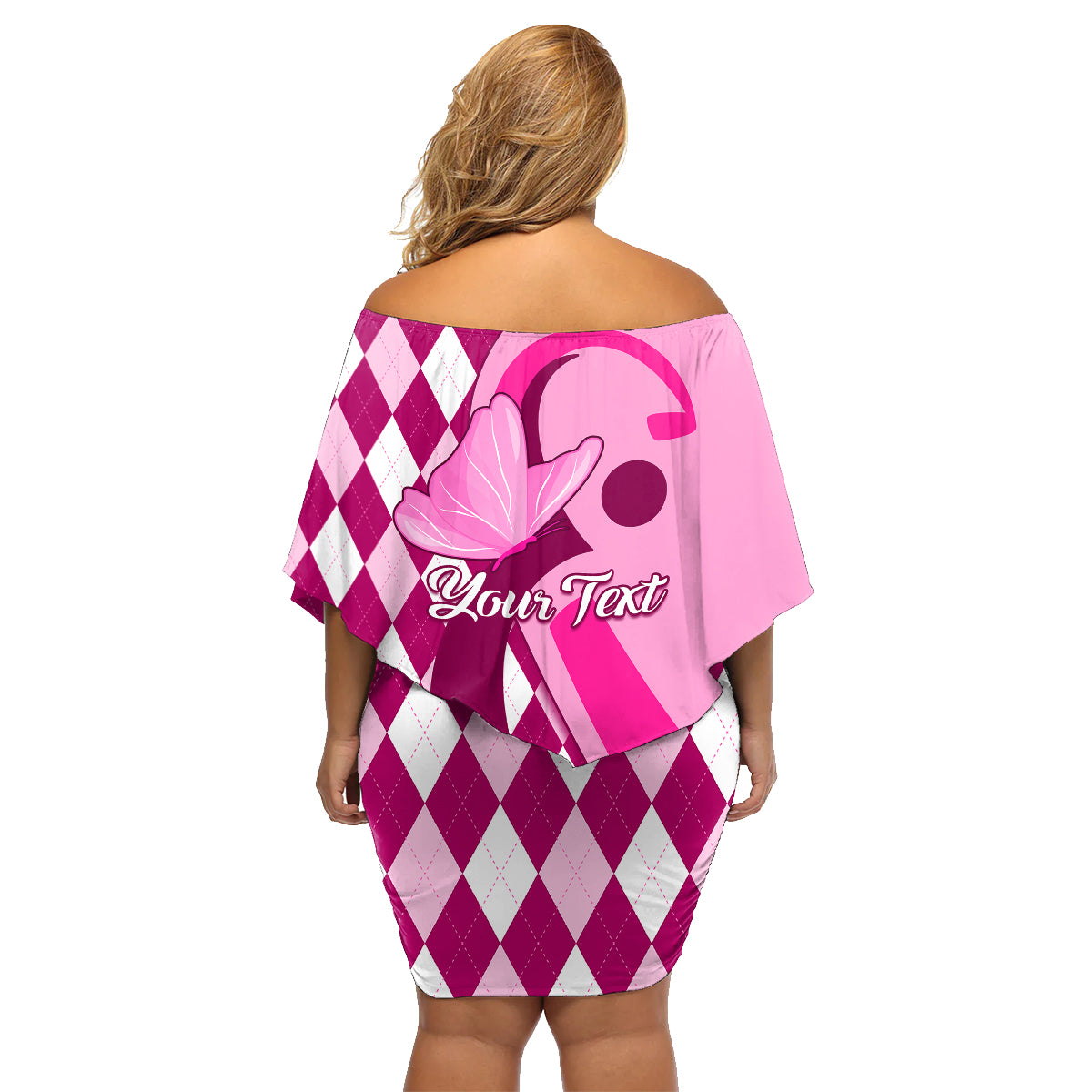 Personalised Think Pink Family Matching Off Shoulder Short Dress and Hawaiian Shirt Golf Argyle Pattern Breast Cancer Awareness - Wonder Print Shop
