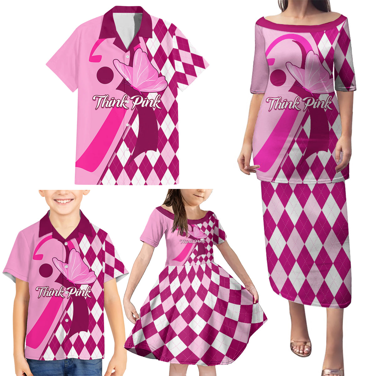 Personalised Think Pink Family Matching Puletasi Dress and Hawaiian Shirt Golf Argyle Pattern Breast Cancer Awareness - Wonder Print Shop