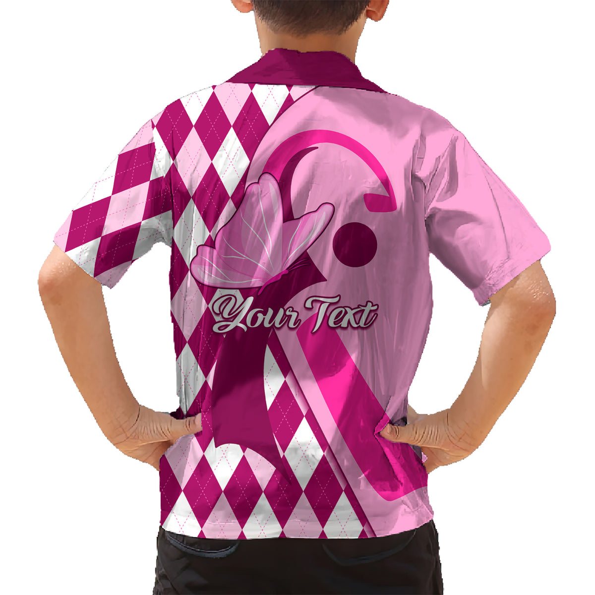 Personalised Think Pink Family Matching Short Sleeve Bodycon Dress and Hawaiian Shirt Golf Argyle Pattern Breast Cancer Awareness - Wonder Print Shop