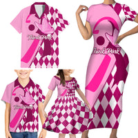 Personalised Think Pink Family Matching Short Sleeve Bodycon Dress and Hawaiian Shirt Golf Argyle Pattern Breast Cancer Awareness - Wonder Print Shop