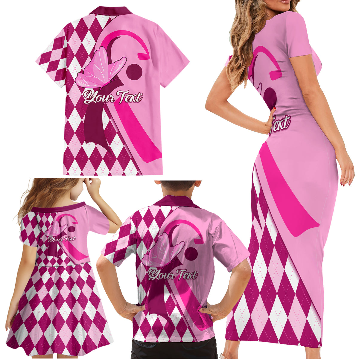 Personalised Think Pink Family Matching Short Sleeve Bodycon Dress and Hawaiian Shirt Golf Argyle Pattern Breast Cancer Awareness - Wonder Print Shop