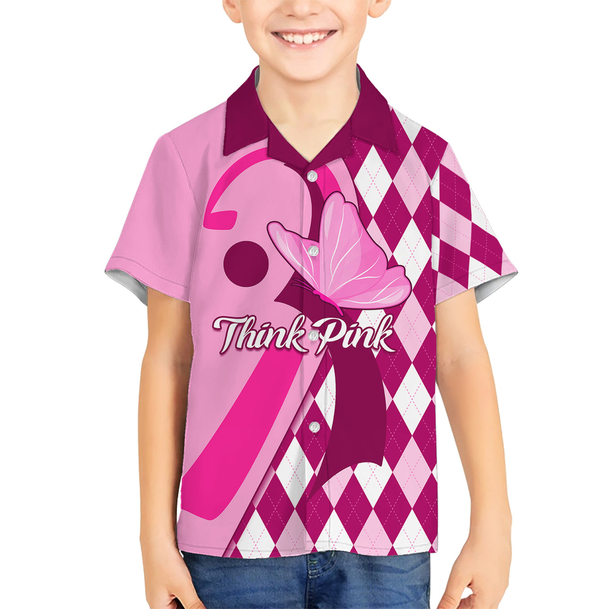 Personalised Think Pink Family Matching Short Sleeve Bodycon Dress and Hawaiian Shirt Golf Argyle Pattern Breast Cancer Awareness - Wonder Print Shop